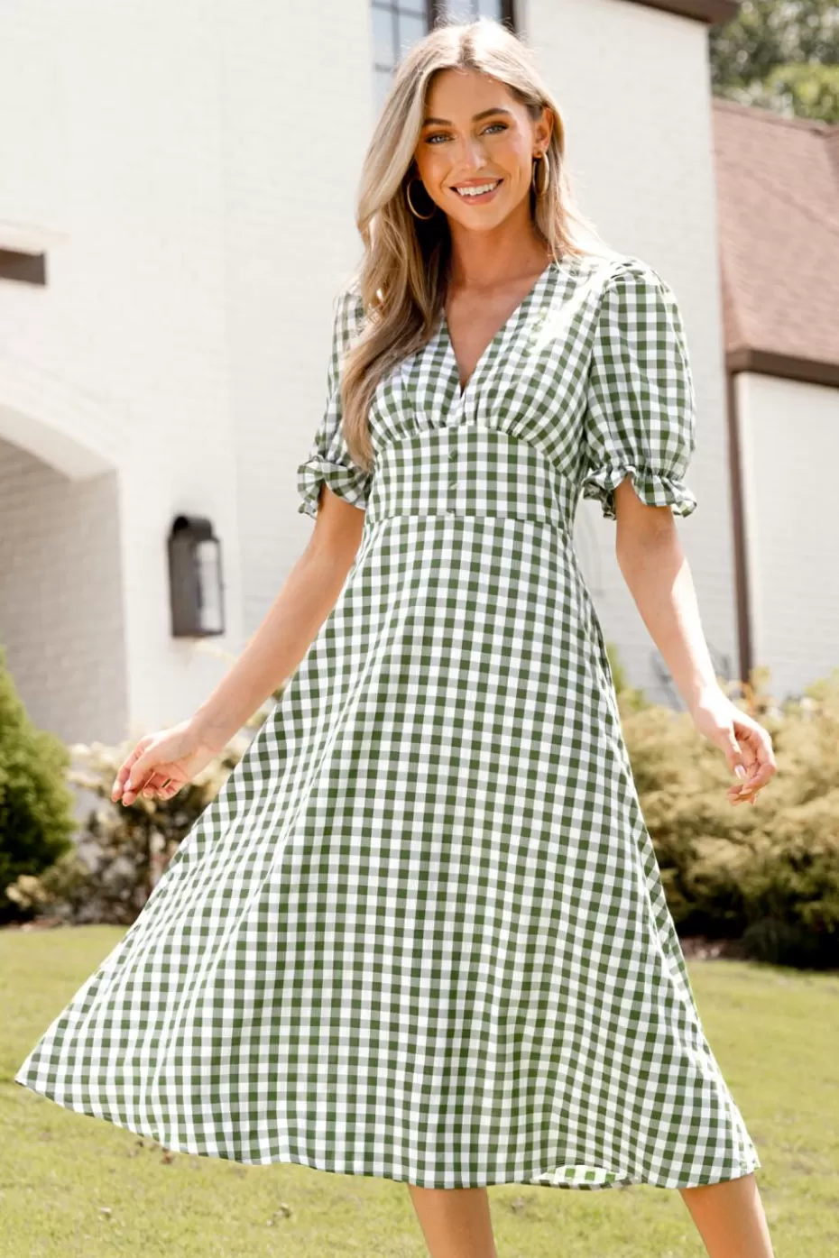 Online Cupshe & White Gingham V-Neck Puff Sleeve Midi Dress Green