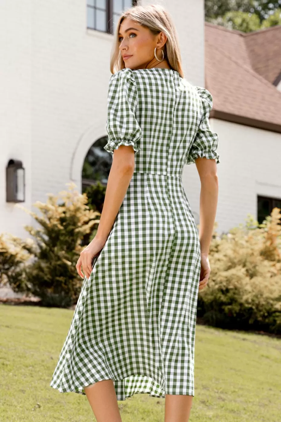 Online Cupshe & White Gingham V-Neck Puff Sleeve Midi Dress Green