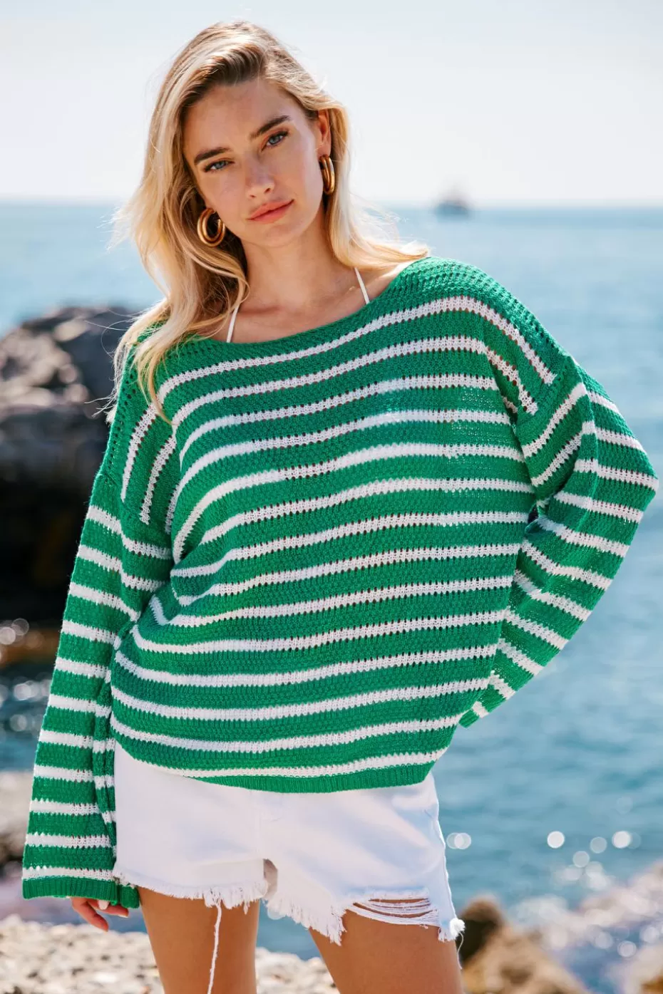 Discount Cupshe & White Stripe Boat Neck Long Sleeve Crochet Sweater Green