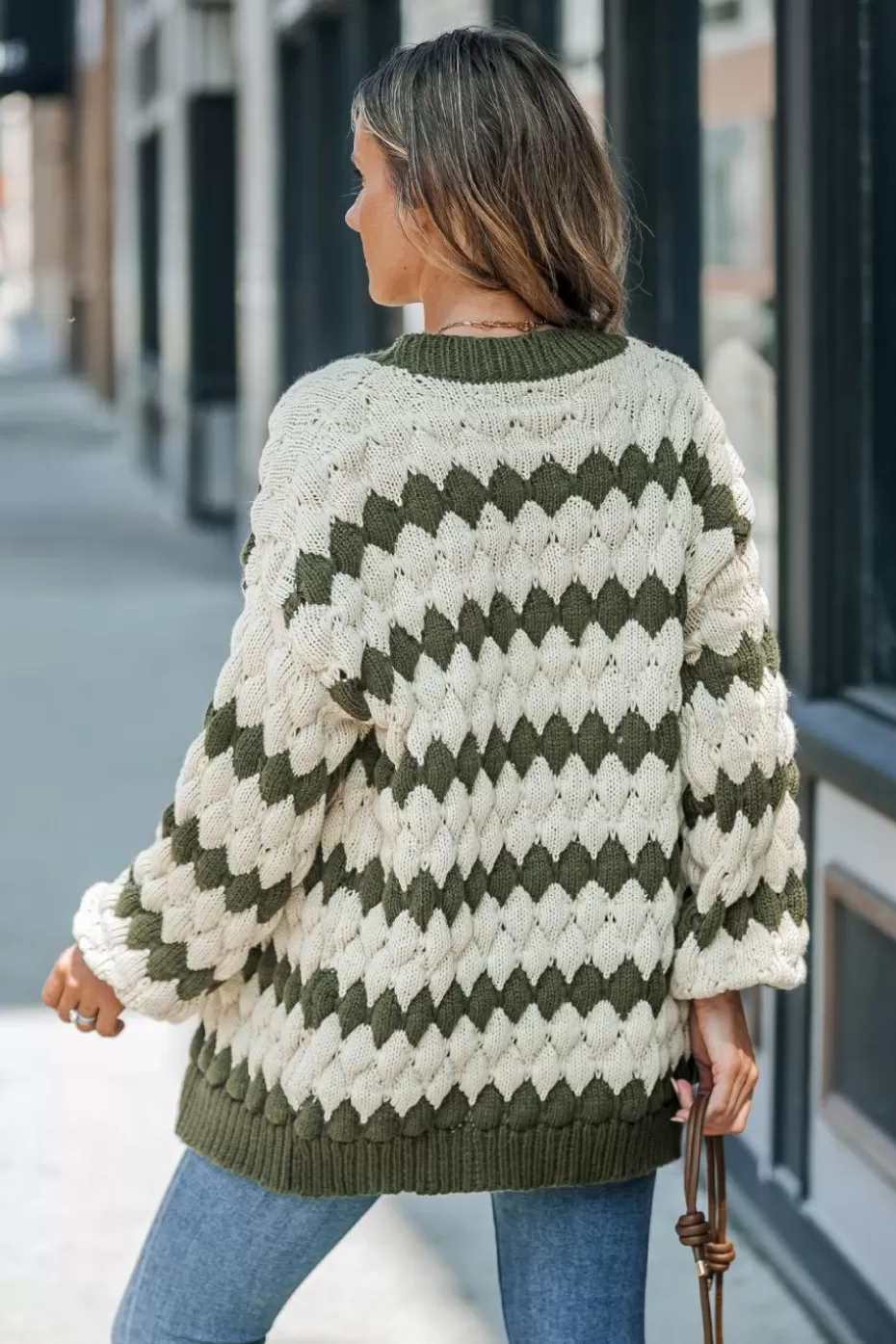 Flash Sale Cupshe Green & White Stripe Open Front Puff Sleeve Cardigan Eucalyptus