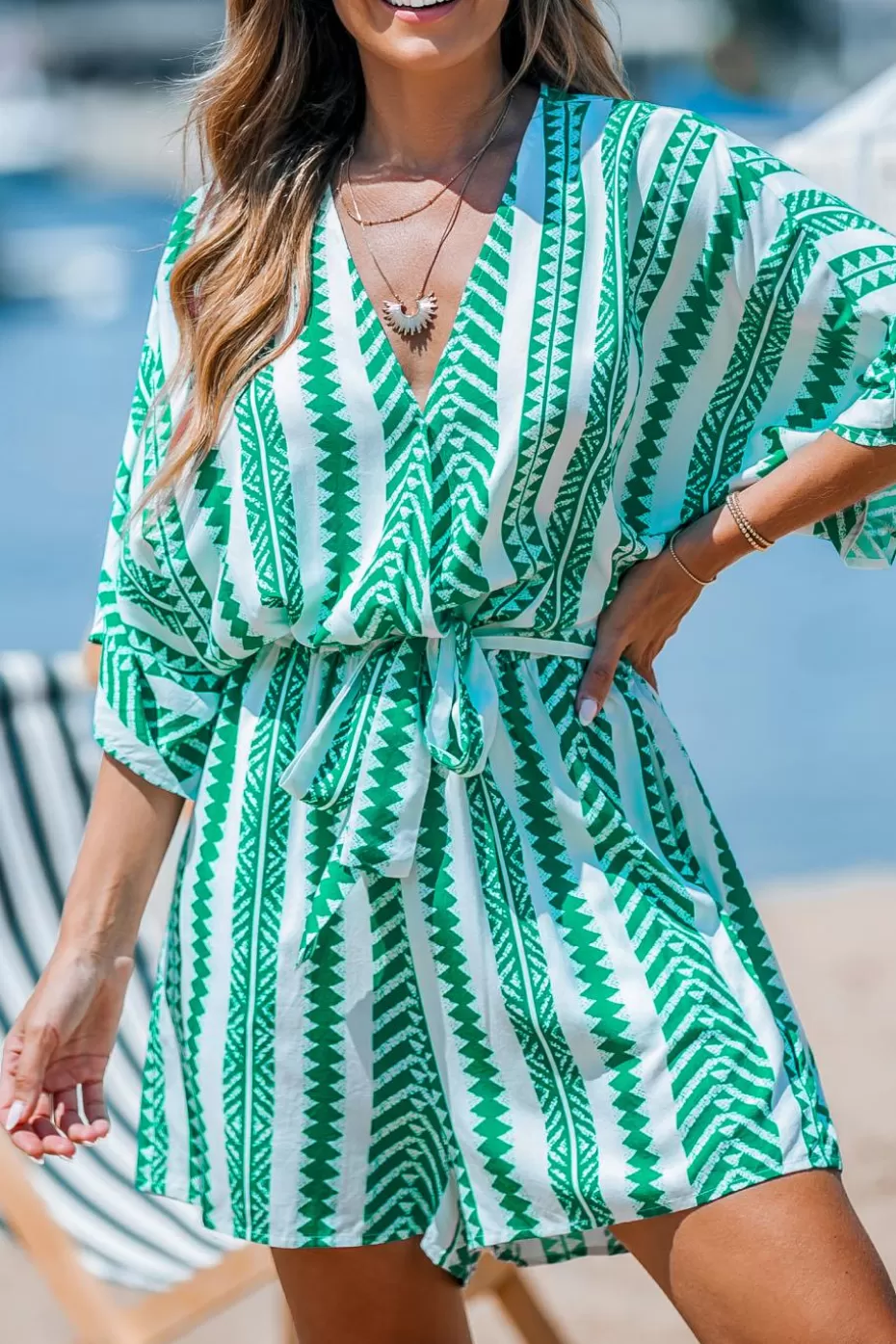 Online Cupshe Boho Striped Dolman Sleeve Wide Leg Romper Green