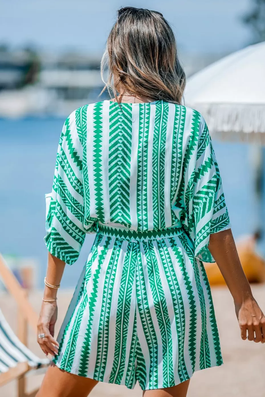 Online Cupshe Boho Striped Dolman Sleeve Wide Leg Romper Green