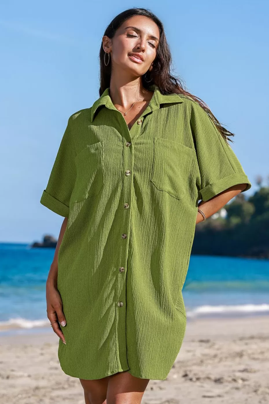 Clearance Cupshe Collared Front Button Loose Fit Mini Dress Green