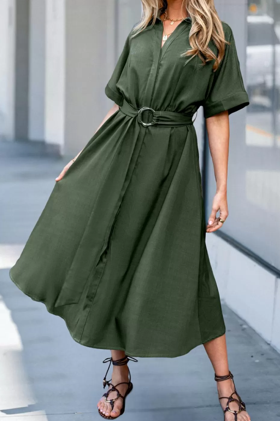 Clearance Cupshe Collared Short Sleeve Midi Dress Green