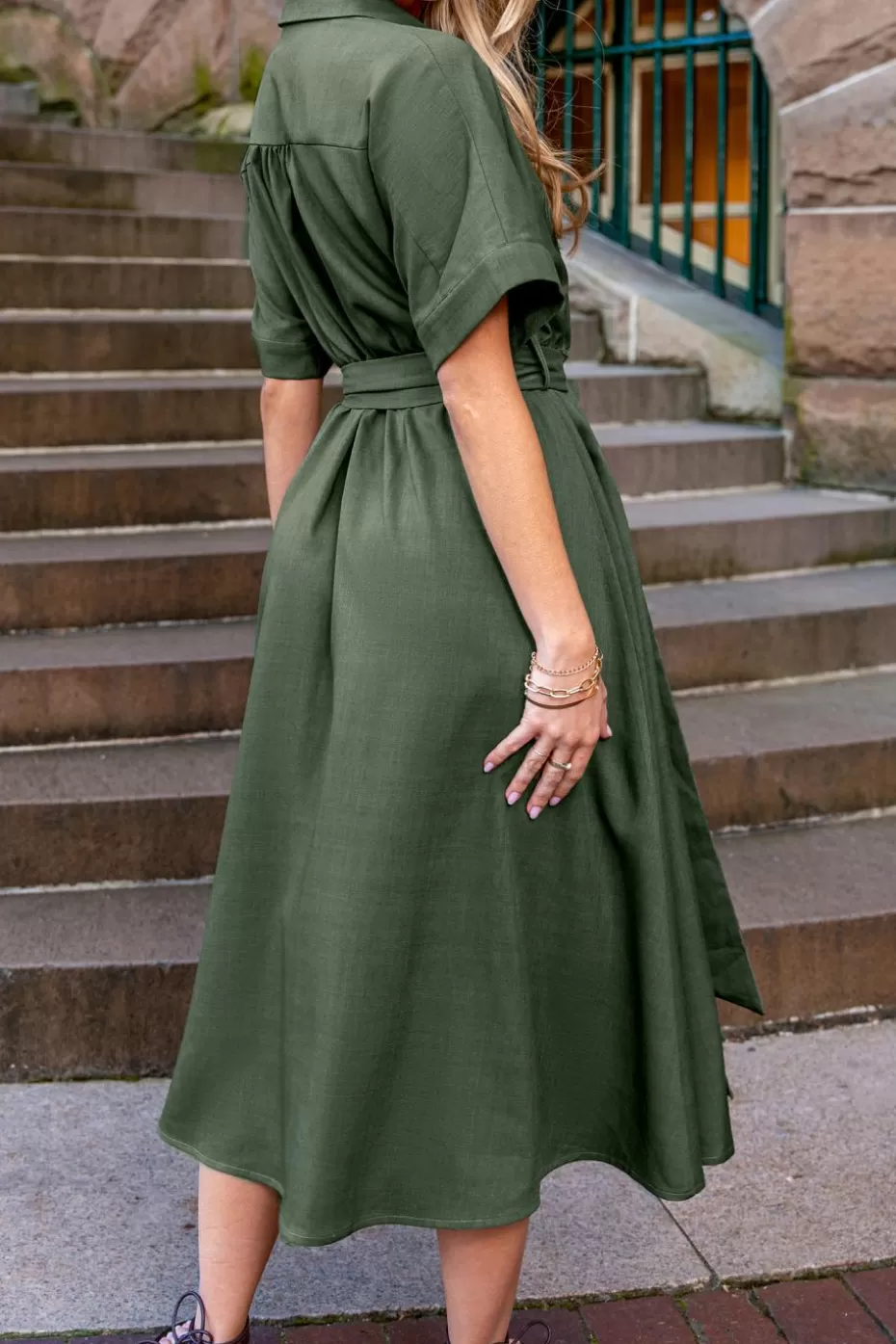 Clearance Cupshe Collared Short Sleeve Midi Dress Green