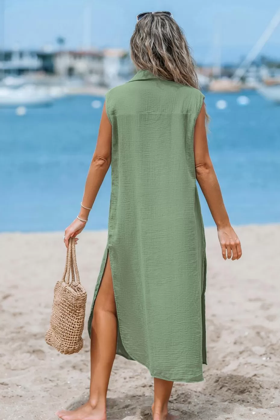 Store Cupshe Collared V-Neck Sleeveless Linen Midi Dress Green