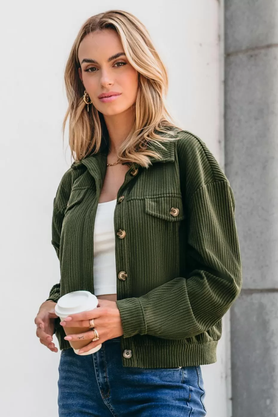 Outlet Cupshe Corduroy Collared Long Sleeve Jacket Green