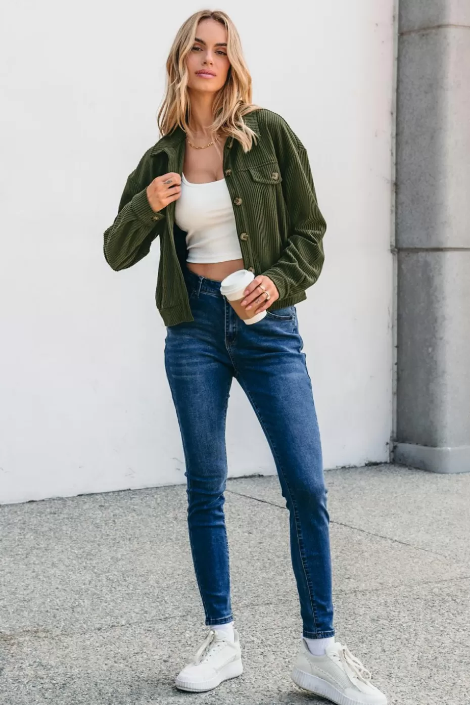 Outlet Cupshe Corduroy Collared Long Sleeve Jacket Green