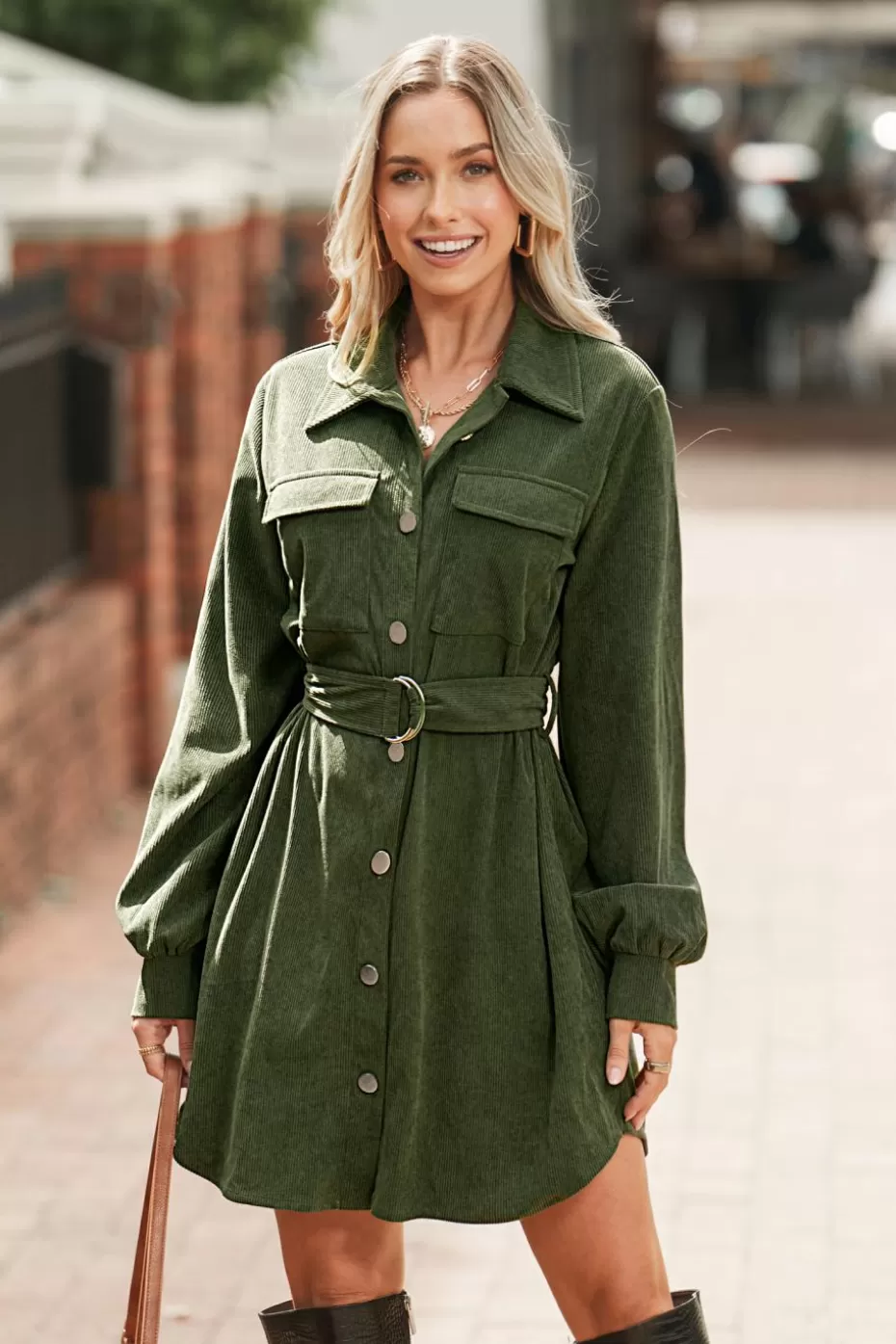 Outlet Cupshe Corduroy Collared Long Sleeve Mini Shirt Dress Green