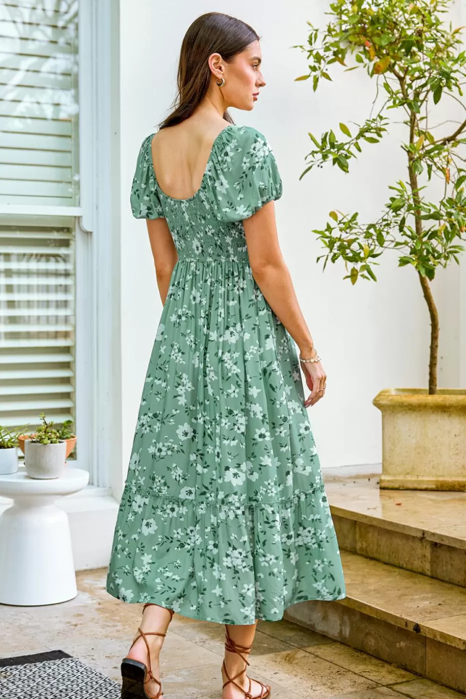 Shop Cupshe Floral Sweetheart Puff Sleeve Midi Dress Green