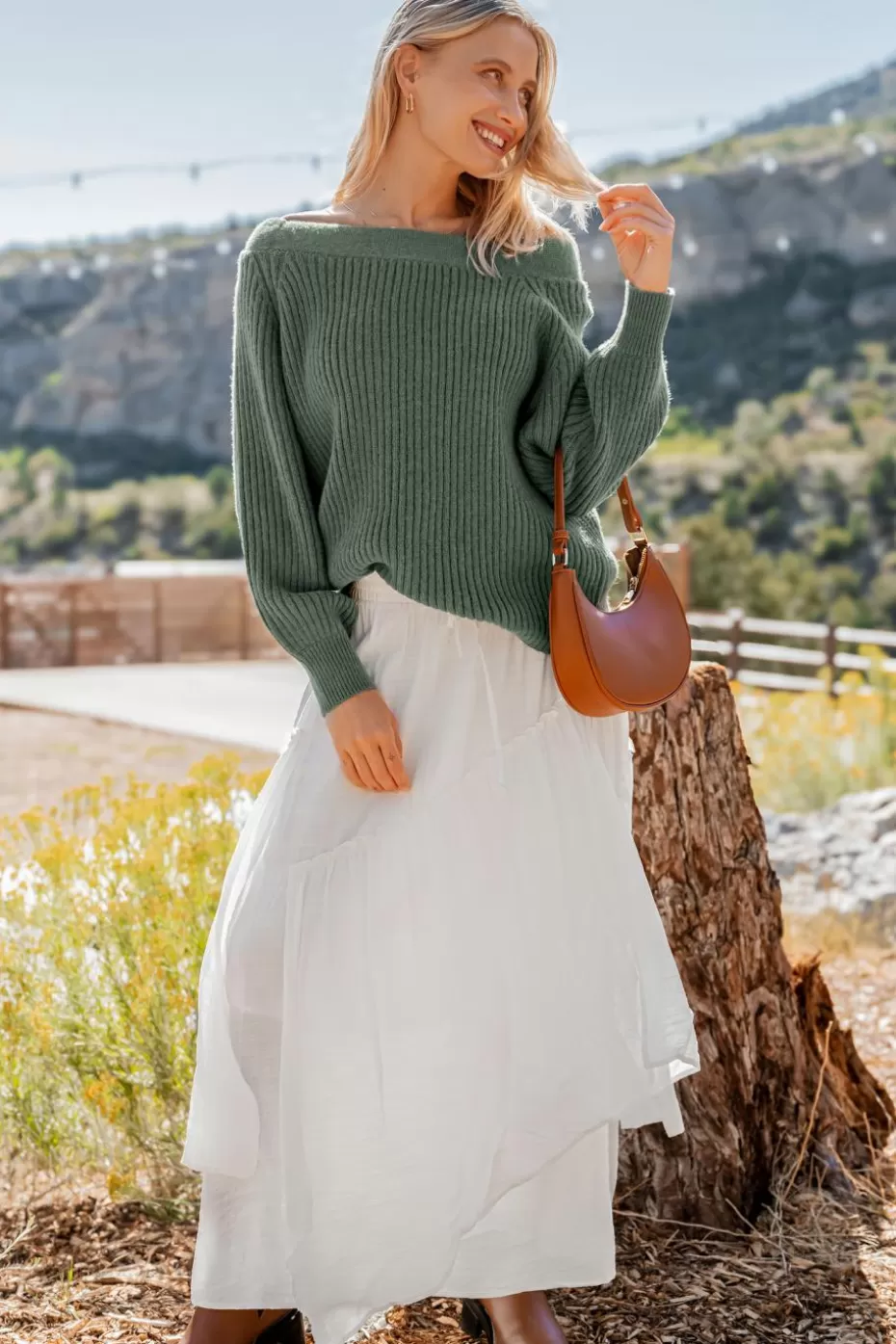 New Cupshe Knit Off-Shoulder Long Sleeve Sweater Green