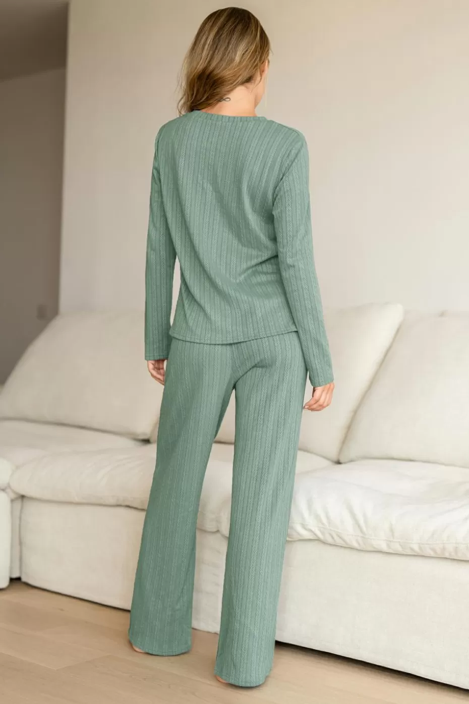 Shop Cupshe Green Long Sleeve Pajama Top & Pants Set Grass