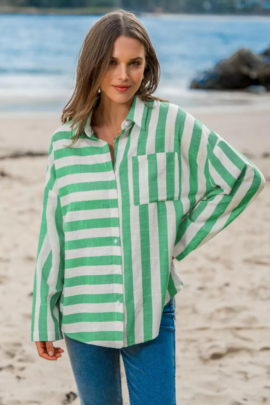 Hot Cupshe Mixed Stripe Collared Button Up Shirt Green