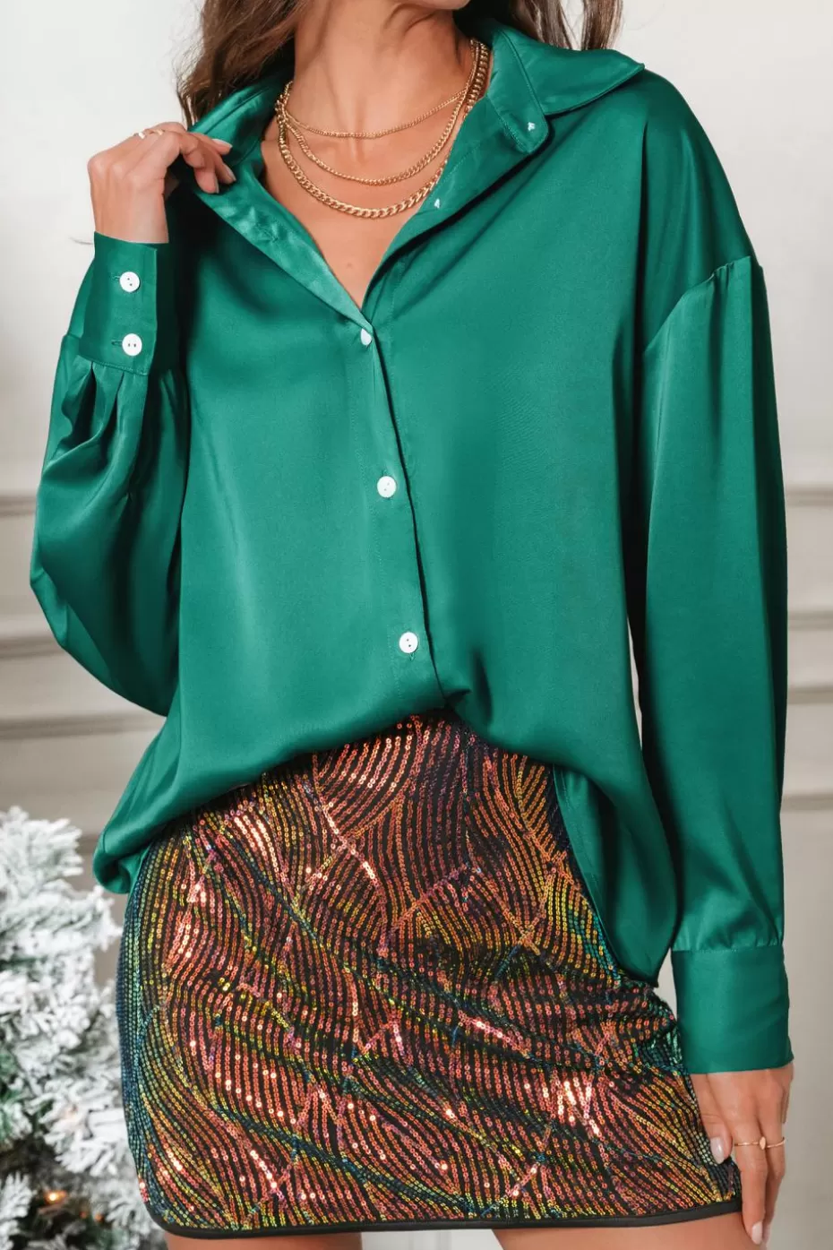 Hot Cupshe Satin Collared Button-Up Long Sleeve Blouse Green