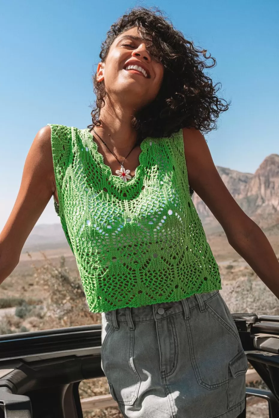 Sale Cupshe Scoop Neck Cap Sleeve Crochet Cover-Up Green