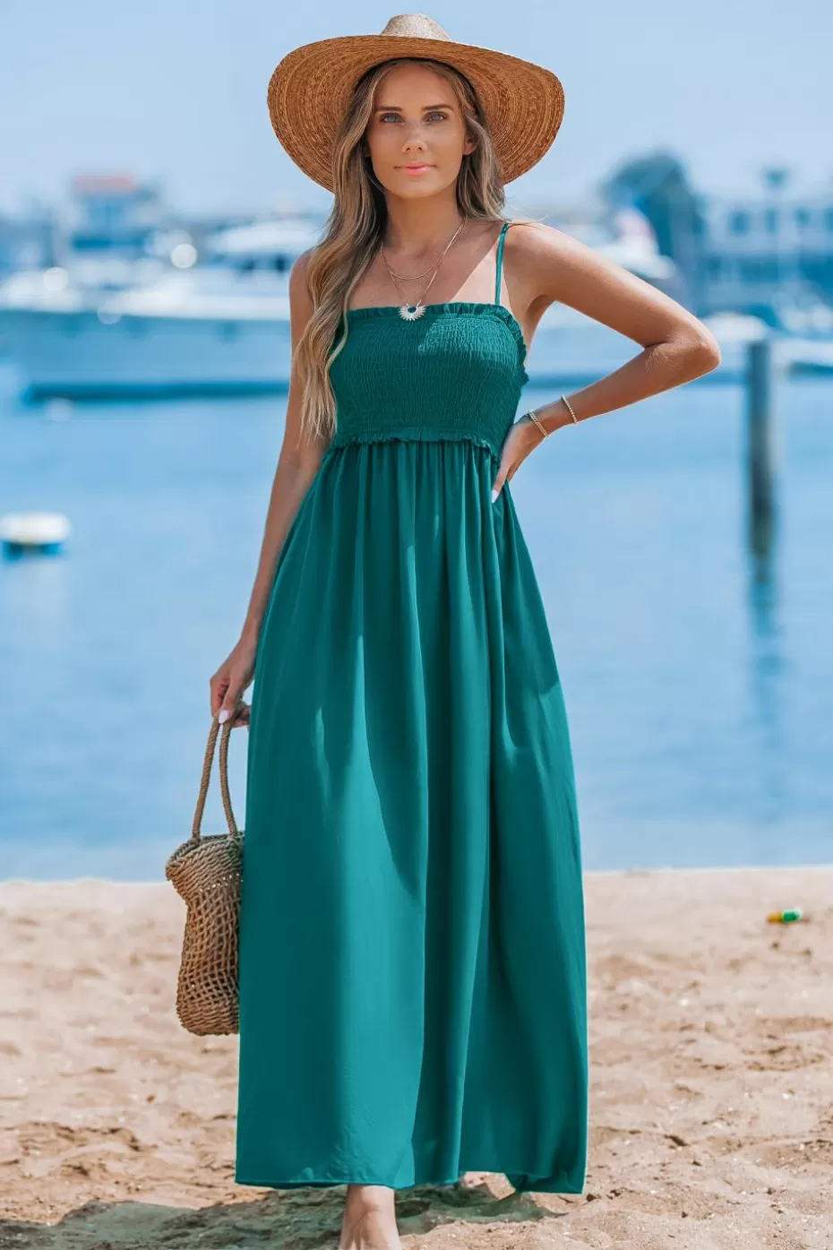 New Cupshe Sleeveless Square Neck Smocked Bodice Midi Dress Green