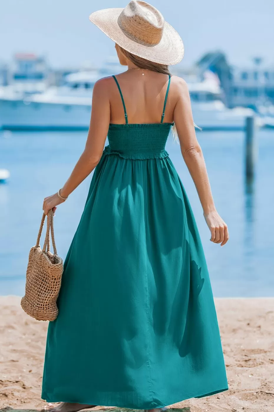 New Cupshe Sleeveless Square Neck Smocked Bodice Midi Dress Green