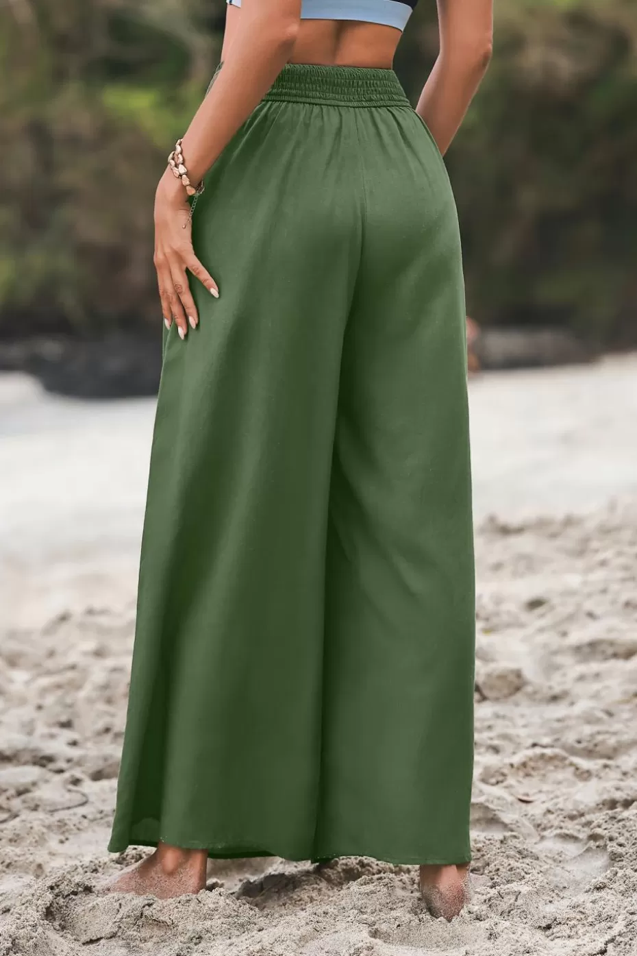 Fashion Cupshe Green Smocked Waist Wide Leg Cover-Up Pants Eucalyptus