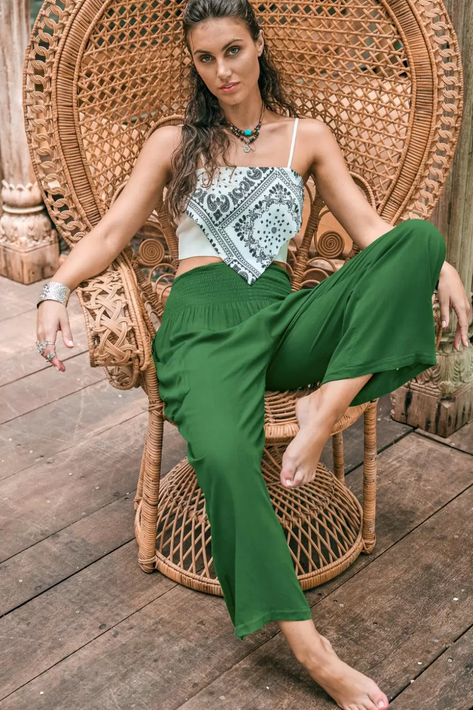Hot Cupshe Smocked Waist Wide Leg Pants Green