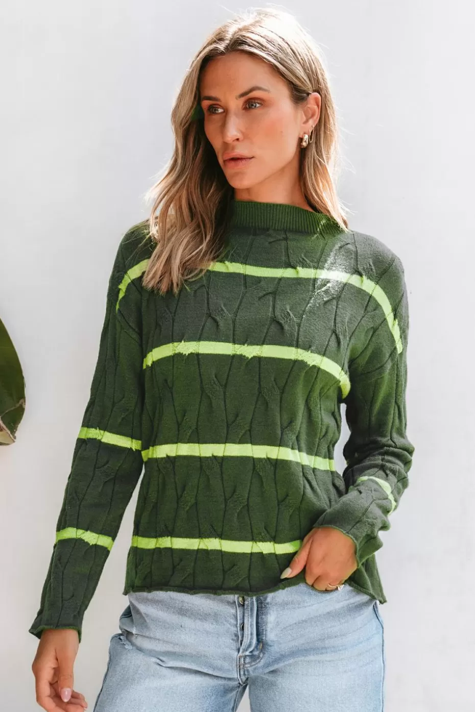 Online Cupshe Striped Cable Knit Mockneck Sweater Top Green
