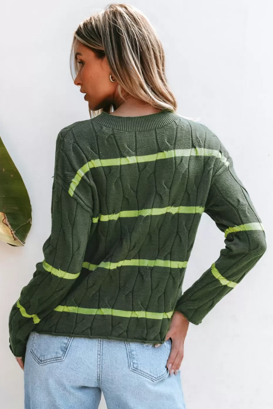 Online Cupshe Striped Cable Knit Mockneck Sweater Top Green
