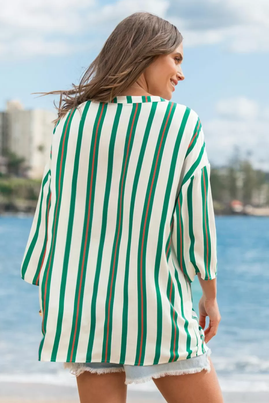 New Cupshe Vertical Stripe Half Sleeve Oversized Pocket Blouse Green