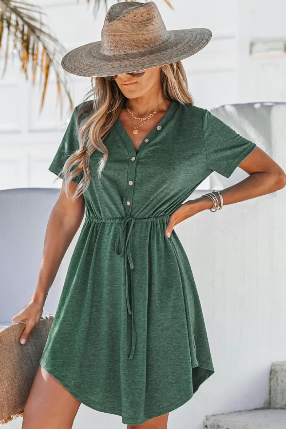 Sale Cupshe V-Neck Front Button Jersey Dress Green