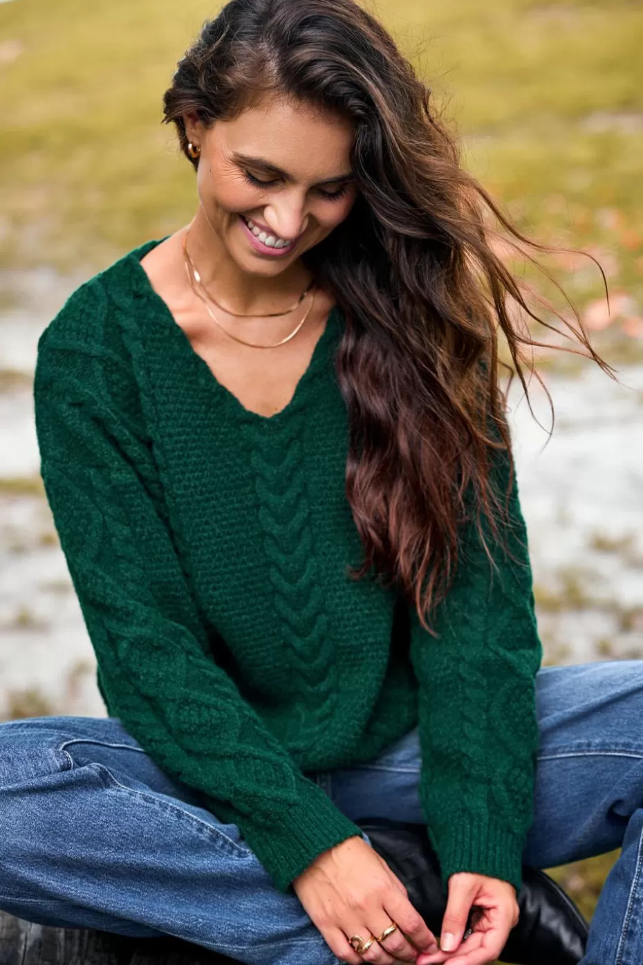 Sale Cupshe V-Neck Long Sleeve Cable Knit Sweater Green