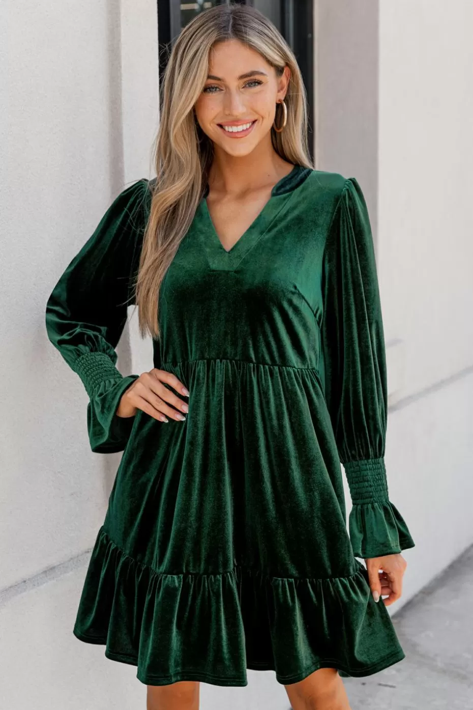 Cheap Cupshe V-Neck Long Sleeve Smocked Mini Dress Green