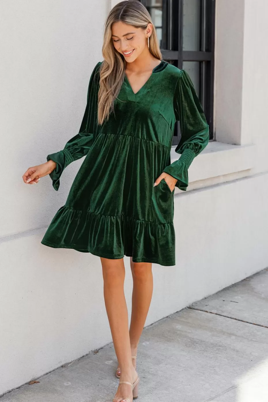 Cheap Cupshe V-Neck Long Sleeve Smocked Mini Dress Green