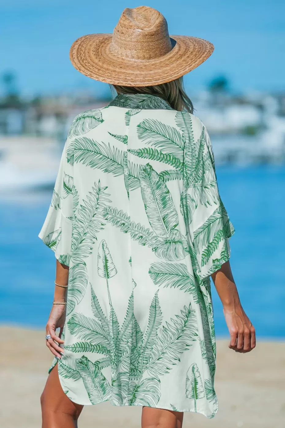 Shop Cupshe Green-and-White Palm Leaf Collared V-Neck Cover-Up Grass