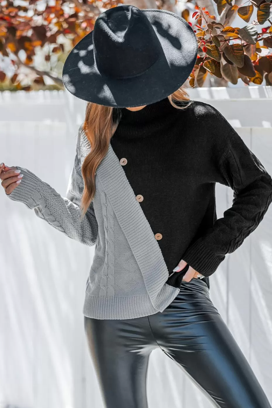 Sale Cupshe & Black Asymmetric Colorblock Mockneck Sweater Grey
