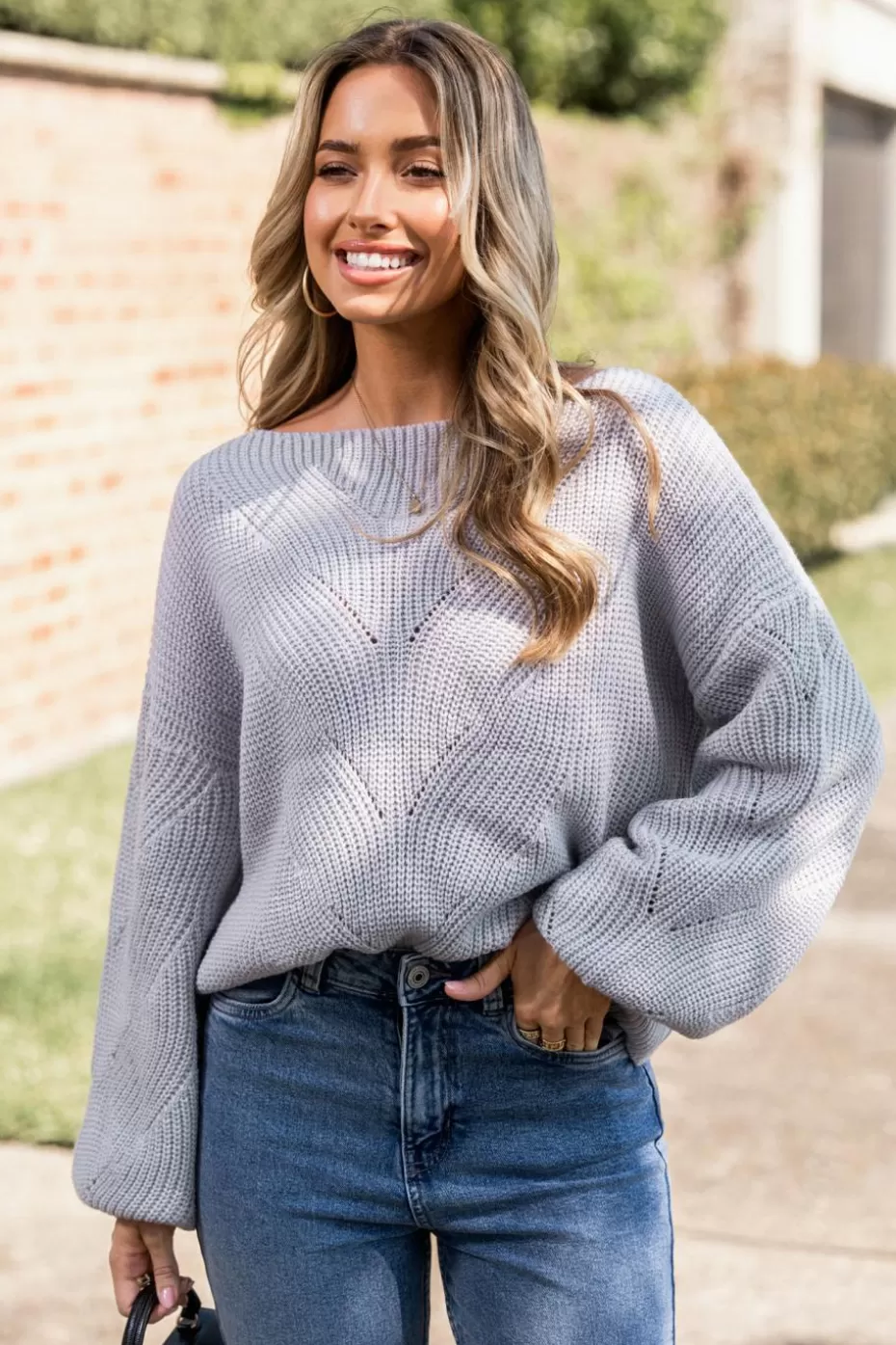 Shop Cupshe Asymmetrical Off-Shoulder Long Puff Sleeve Sweater Grey