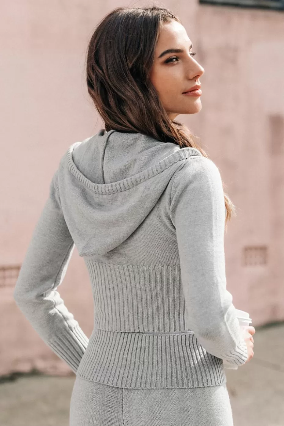 Hot Cupshe Cropped Front Zip Knit Hoodie Grey