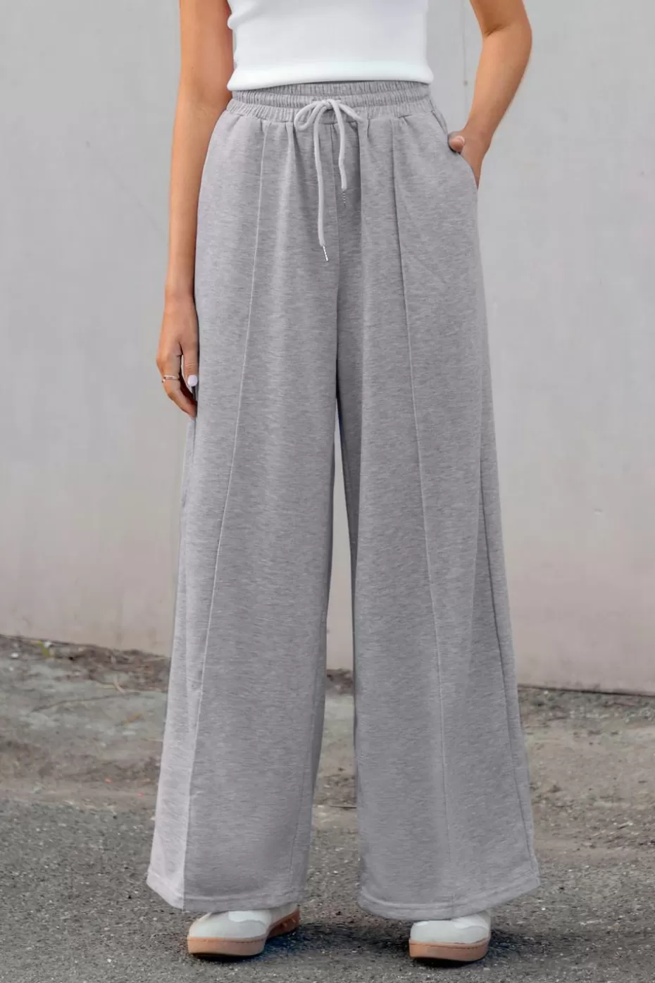 Sale Cupshe Drawstring Waist Wide Leg Jersey Pants Grey