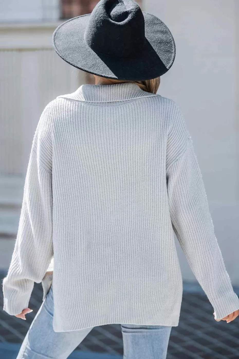 Discount Cupshe Knit Collared Partial Zipper Sweater Grey