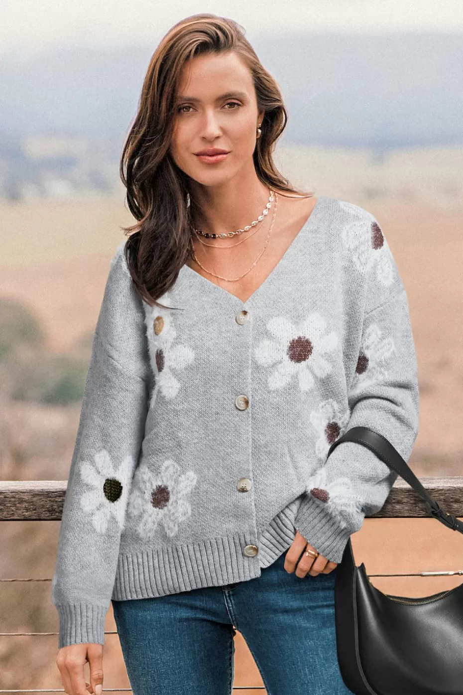 Store Cupshe Knit Daisy Front Button Cardigan Grey