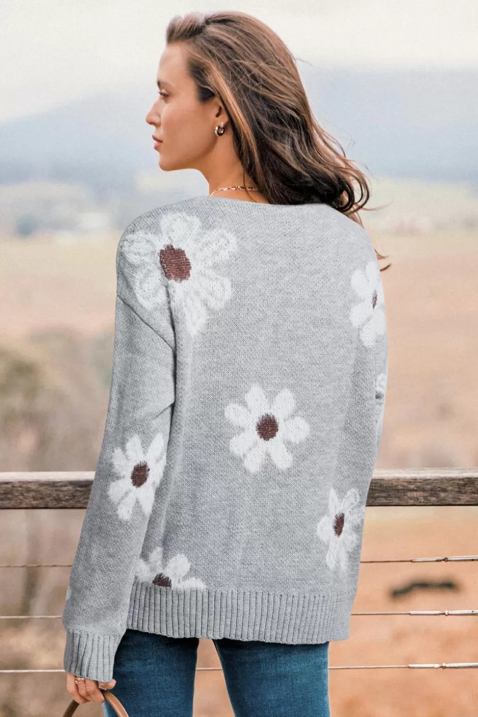 Store Cupshe Knit Daisy Front Button Cardigan Grey