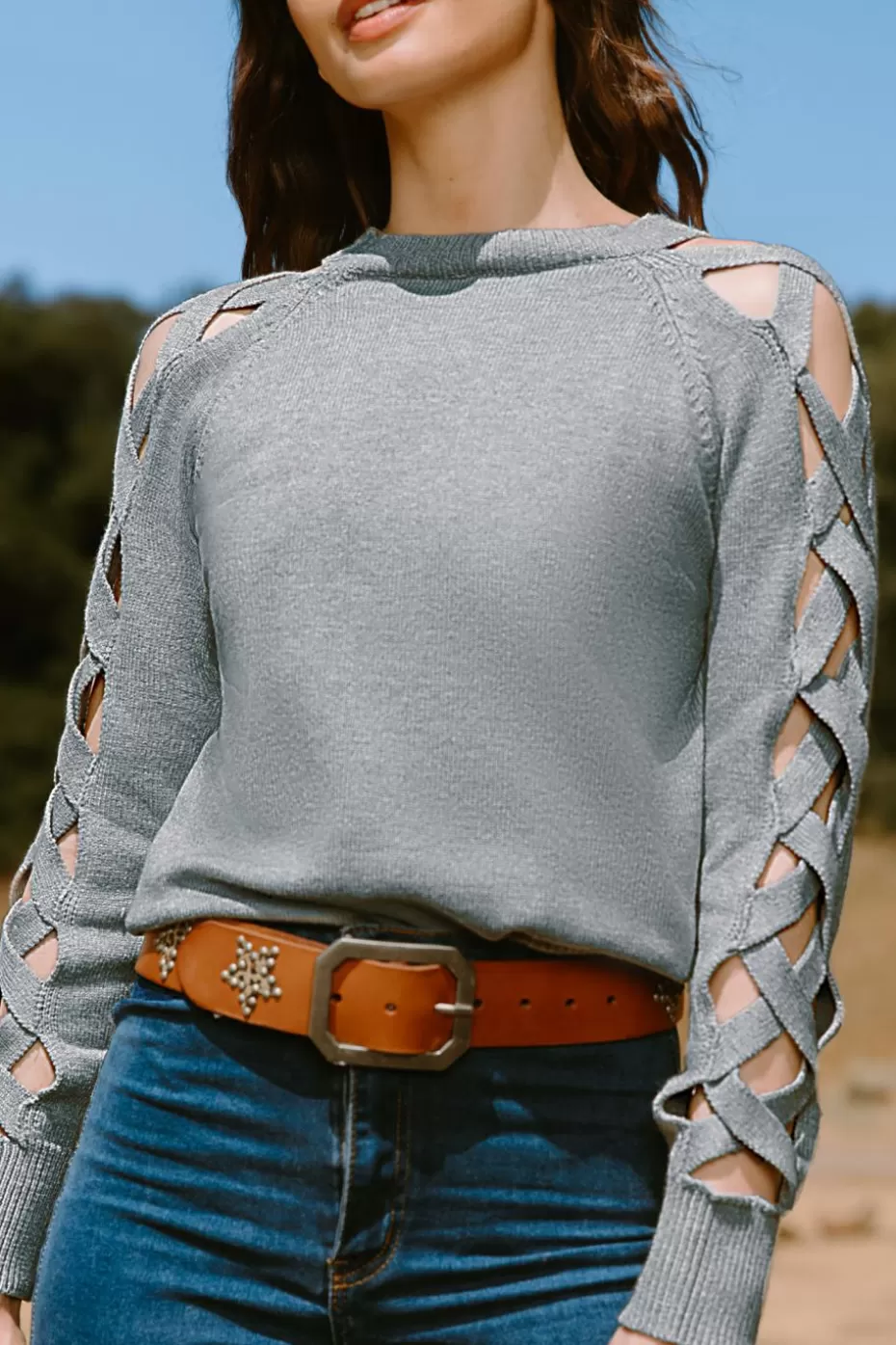 Online Cupshe Knit Round Neck Long Cutout Sleeve Sweater Grey