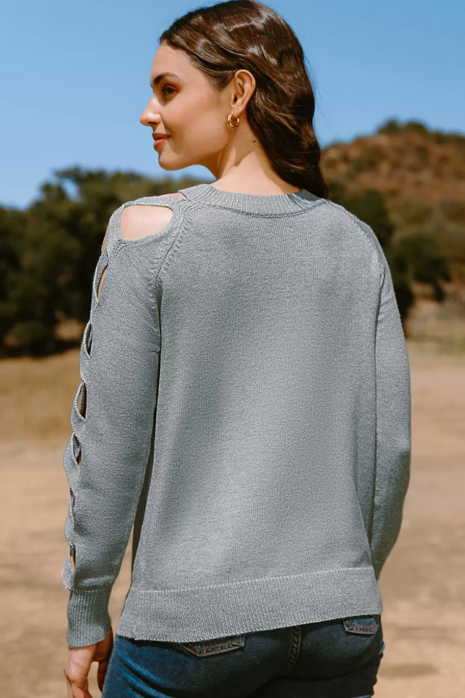 Online Cupshe Knit Round Neck Long Cutout Sleeve Sweater Grey
