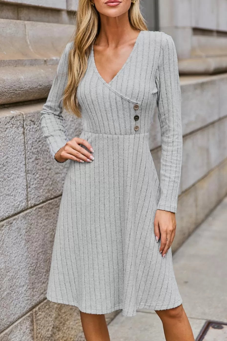 Store Cupshe Knit Surplice Long Sleeve Mini Dress Grey