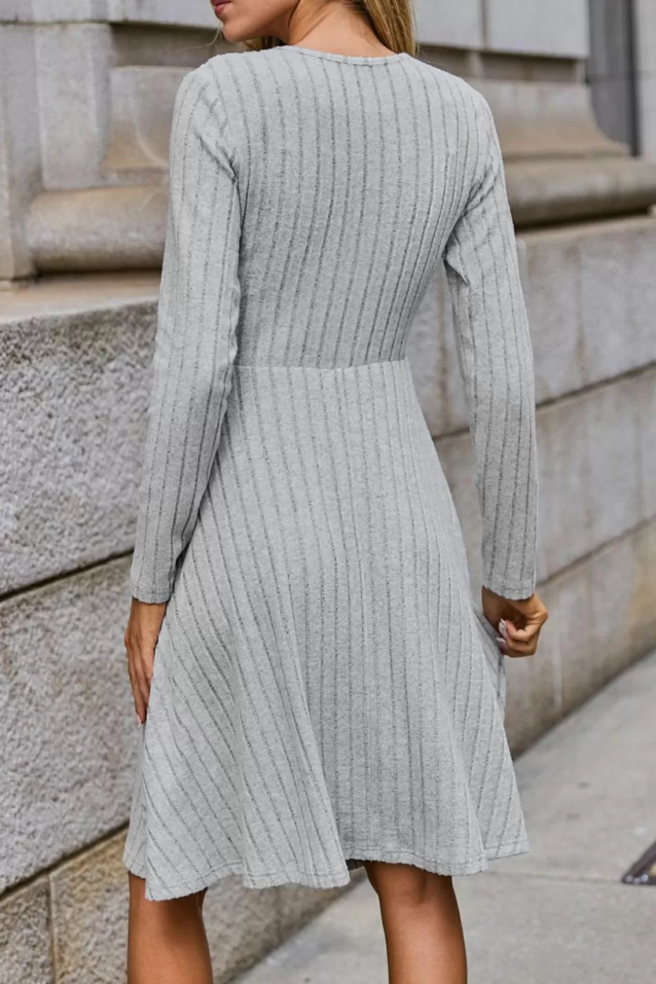 Store Cupshe Knit Surplice Long Sleeve Mini Dress Grey