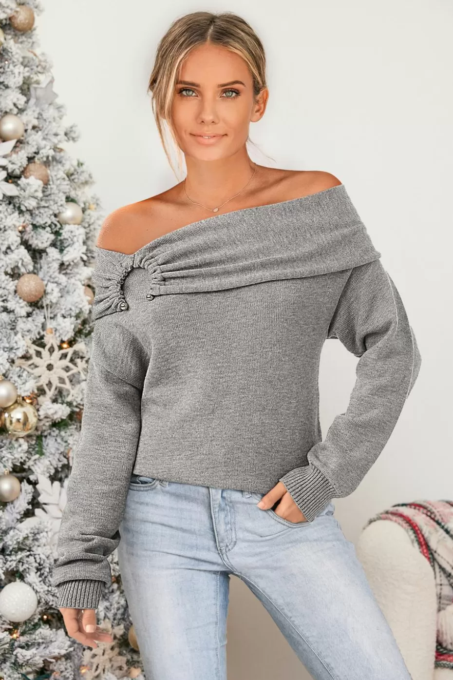 Cheap Cupshe Off-Shoulder Long Sleeve Knit Top Grey