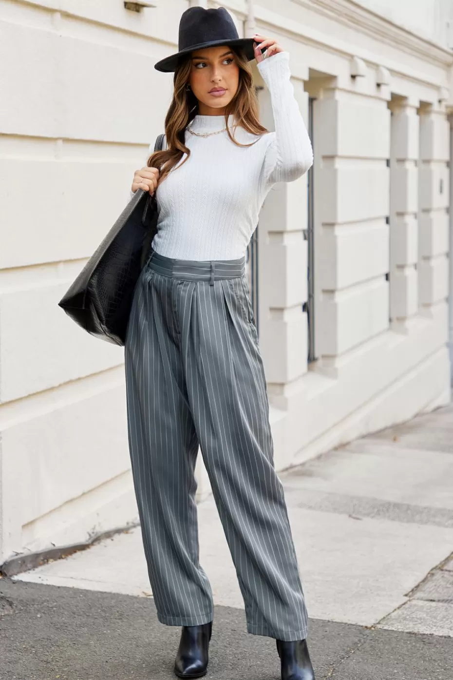 Hot Cupshe Grey Pin-Striped Straight Leg Pants Blue