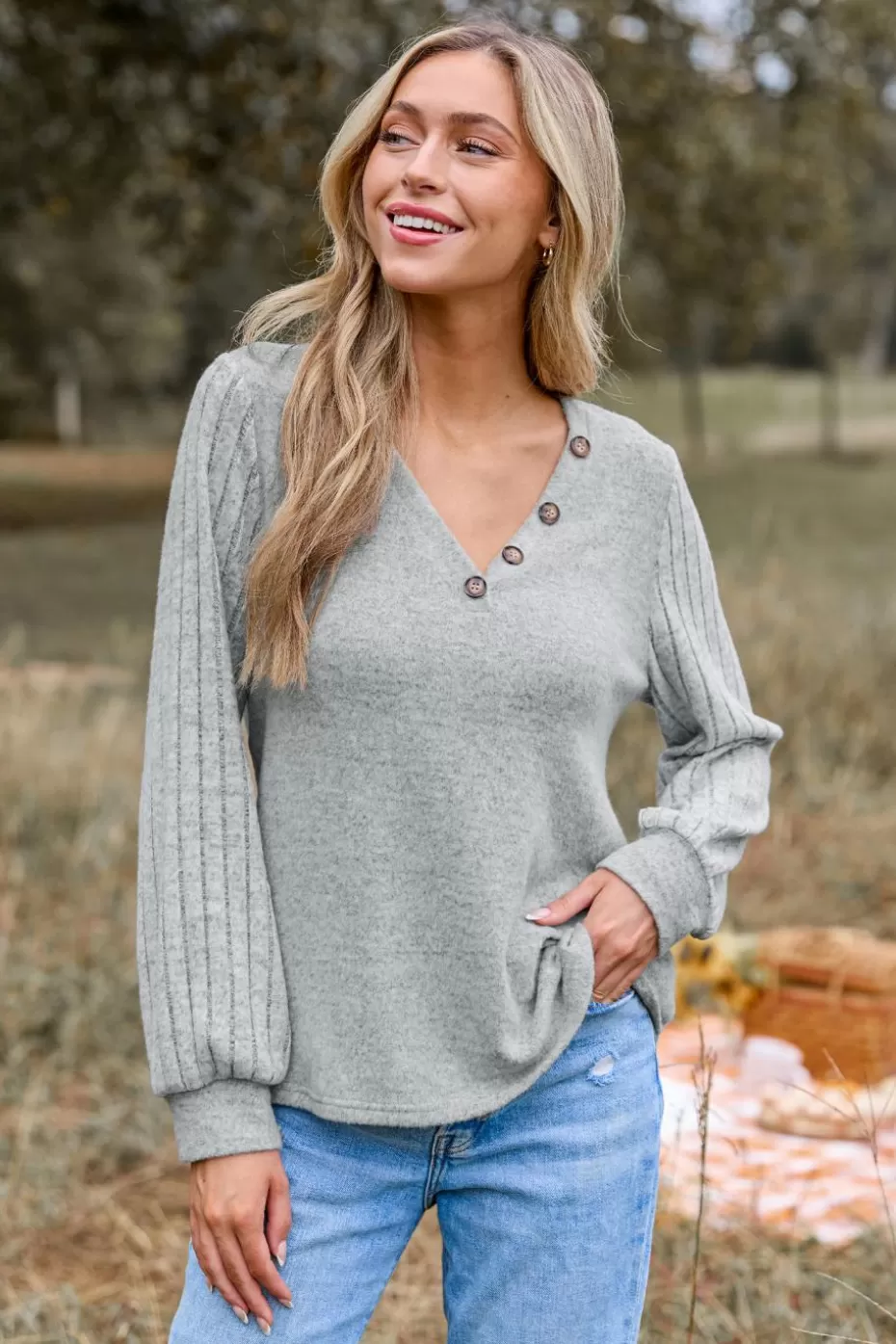 New Cupshe Ribbed Knit Long Sleeve V-Neck Top Grey