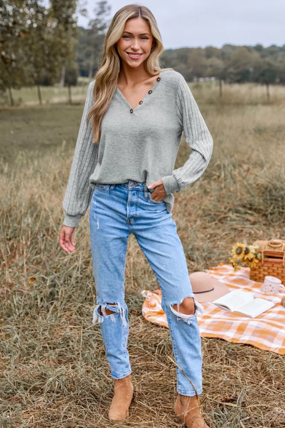 New Cupshe Ribbed Knit Long Sleeve V-Neck Top Grey