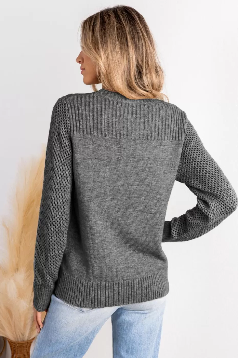 Discount Cupshe Ribbed Knit Round Neck Long Sleeve Sweater Grey