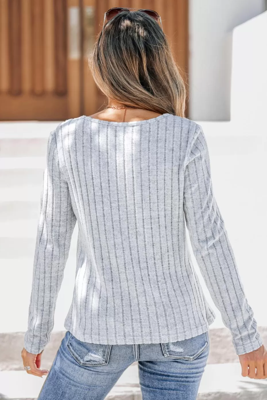Hot Cupshe Ribbed Knit Round Neck Long Sleeve Tee Grey
