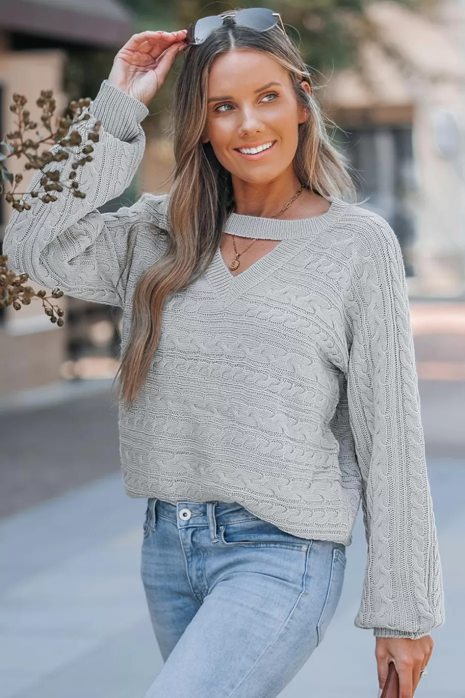 Best Cupshe Round Neck Cutout Long Sleeve Sweater Grey
