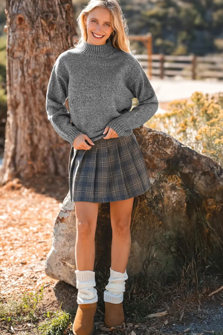 Sale Cupshe Round Neck Long Puff Sleeve Sweater Grey